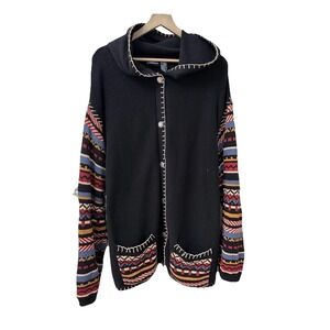 Vintage Liz Sport Aztec Black Cardigan Sweater Button Up Hood Southwestern sz L